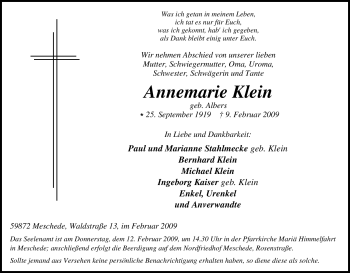 Traueranzeige von Annemarie Klein von Tageszeitung