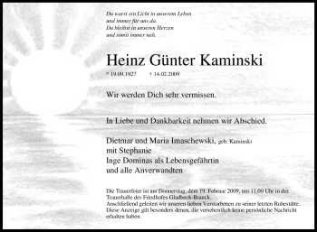 Traueranzeige von Heinz Günter Kaminski von Tageszeitung