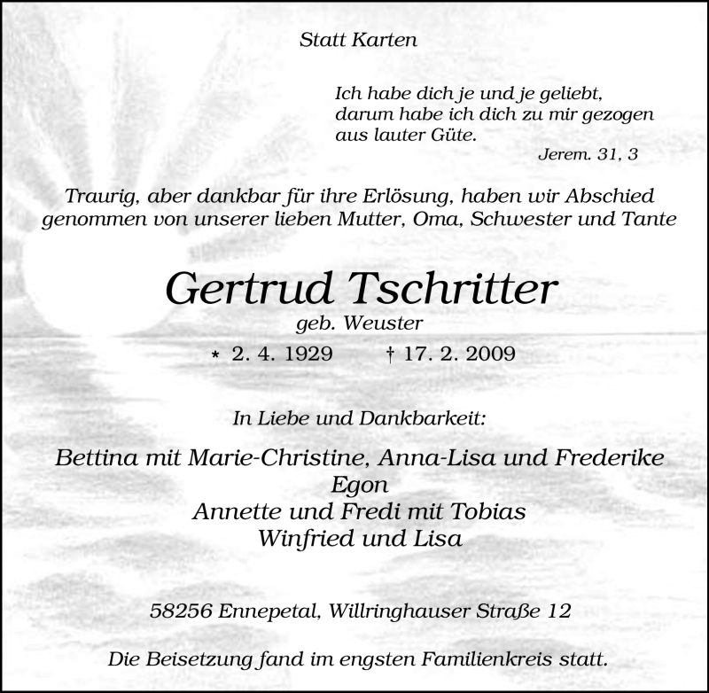  Traueranzeige für Gertrud Tschritter vom 25.02.2009 aus Tageszeitung