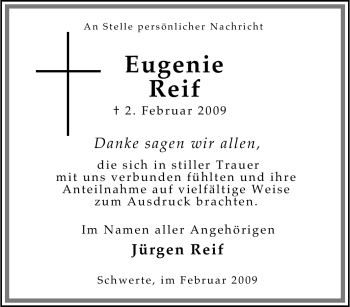 Traueranzeige von Eugenie Reif von Tageszeitung