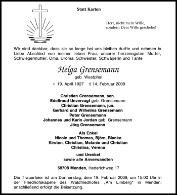 Traueranzeige von Helga Grensemann von Tageszeitung