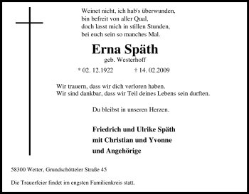 Traueranzeige von Erna Späth von Tageszeitung