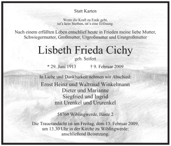 Traueranzeige von Lisbeth Frieda Cichy von Tageszeitung