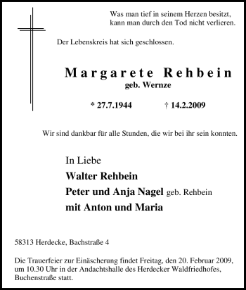 Traueranzeige von Margarete Rehbein von Tageszeitung