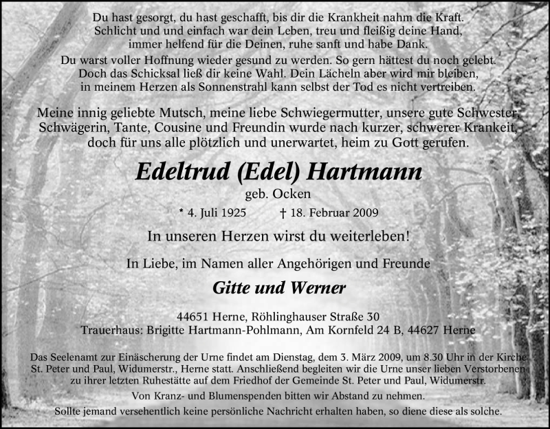  Traueranzeige für Edeltrud Hartmann vom 25.02.2009 aus Tageszeitung
