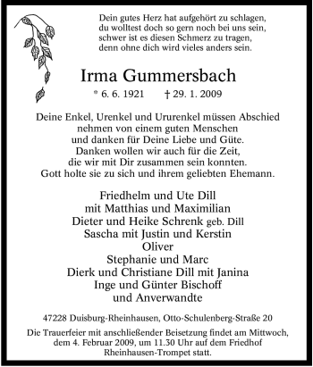 Traueranzeige von Irma Gummersbach von Tageszeitung