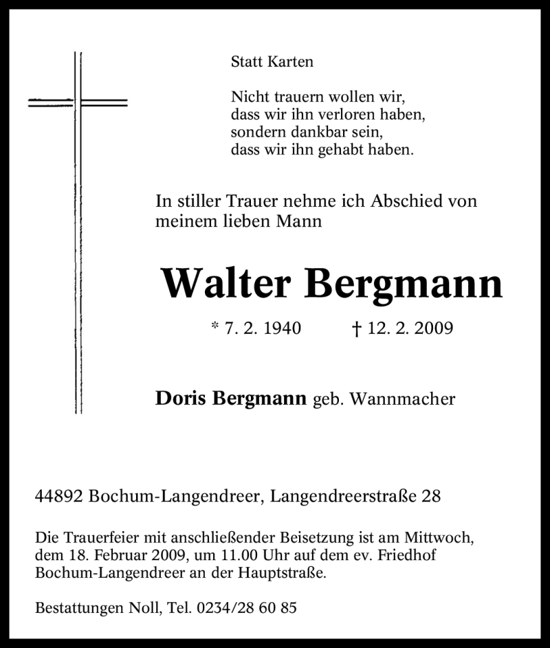  Traueranzeige für Walter Bergmann vom 16.02.2009 aus Tageszeitung