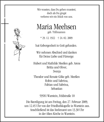 Traueranzeige von Maria Meehsen von Tageszeitung