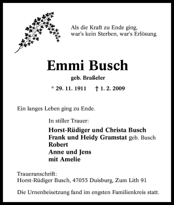 Traueranzeige von Emmi Busch von Tageszeitung
