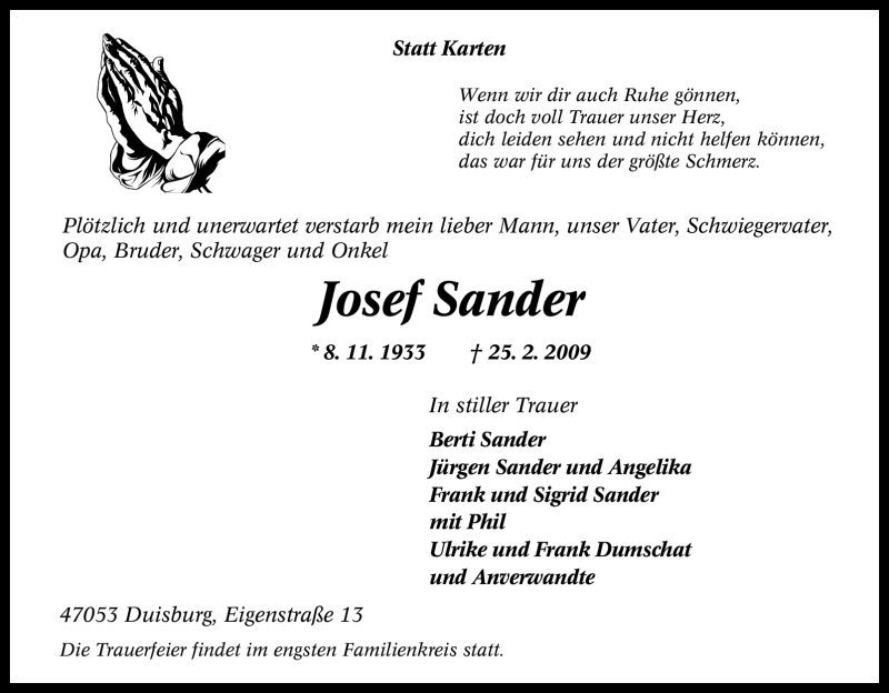  Traueranzeige für Josef Sander vom 28.02.2009 aus Tageszeitung