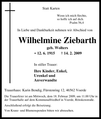 Traueranzeige von Wilhelmine Ziebarth von Tageszeitung