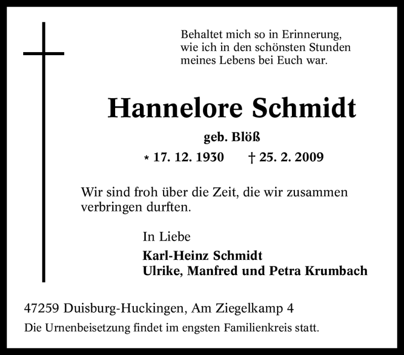  Traueranzeige für Hannelore Schmidt vom 28.02.2009 aus Tageszeitung
