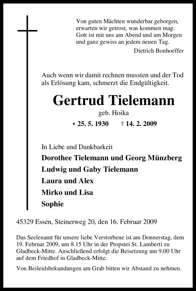  Traueranzeige für Gertrud Tielemann vom 17.02.2009 aus Tageszeitung
