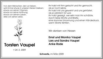 Traueranzeige von Torsten Vaupel von Tageszeitung