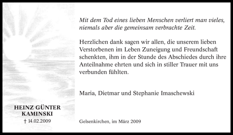  Traueranzeige für Heinz Günter Kaminski vom 11.03.2009 aus Tageszeitung