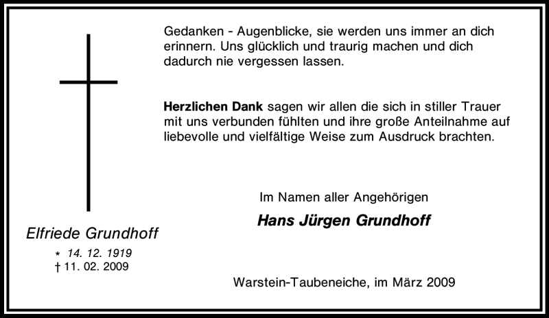  Traueranzeige für Elfriede Grundhoff vom 11.03.2009 aus Tageszeitung