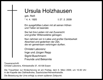 Traueranzeige von Ursula Holzhausen von Tageszeitung
