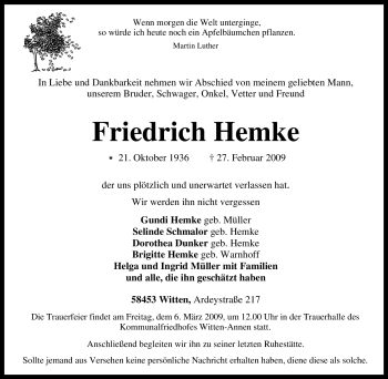 Traueranzeige von Friedrich Hemke von Tageszeitung