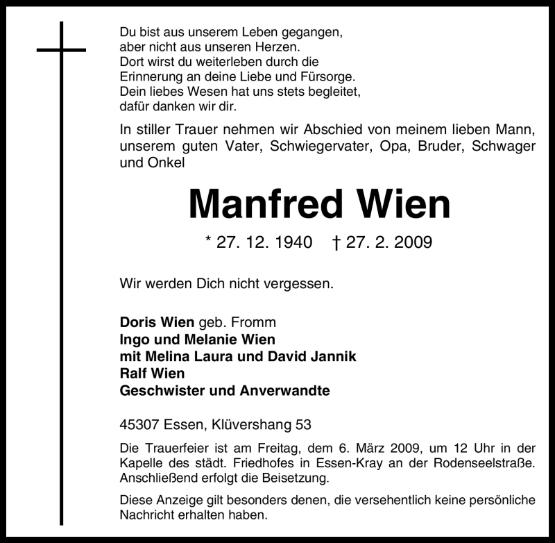  Traueranzeige für Manfred Wien vom 03.03.2009 aus Tageszeitung