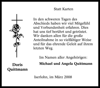 Traueranzeige von Doris Quittmann von Tageszeitung