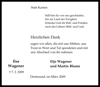 Traueranzeige von Ilse Wagener von Tageszeitung