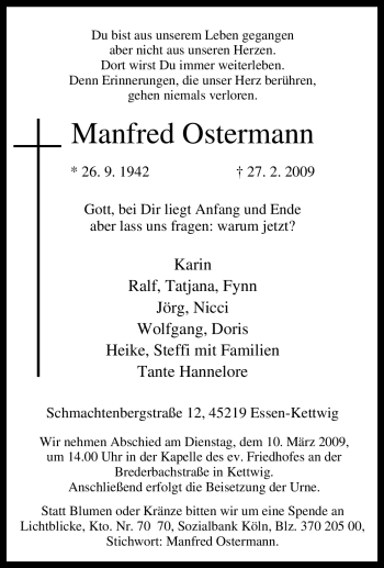 Traueranzeige von Manfred Ostermann von Tageszeitung
