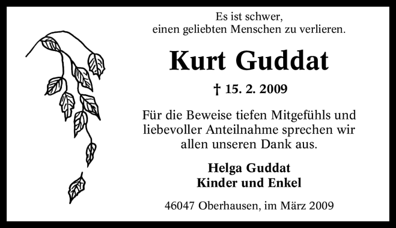  Traueranzeige für Kurt Guddat vom 18.03.2009 aus Tageszeitung