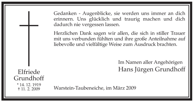  Traueranzeige für Elfriede Grundhoff vom 11.03.2009 aus Tageszeitung