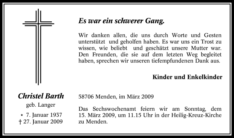  Traueranzeige für Christel Barth vom 07.03.2009 aus Tageszeitung