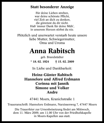 Traueranzeige von Anna Rabitsch von Tageszeitung