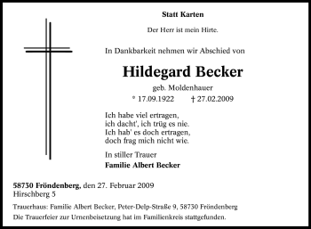 Traueranzeige von Hildegard Becker von Tageszeitung