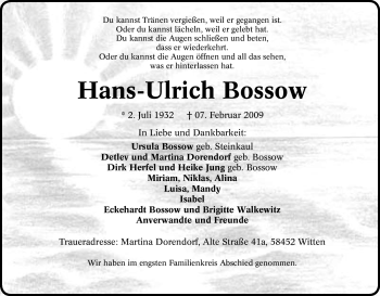 Traueranzeige von Hans-Ulrich Bossow von Tageszeitung