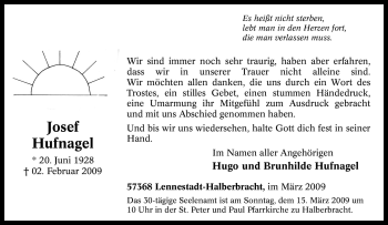 Traueranzeige von Josef Hufnagel von Tageszeitung