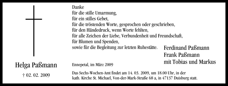  Traueranzeige für Helga Paßmann vom 14.03.2009 aus Tageszeitung