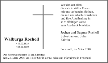 Traueranzeige von Walburga Rocholl von Tageszeitung