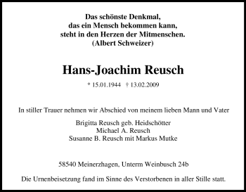 Traueranzeige von Hans-Joachim Reusch von Tageszeitung