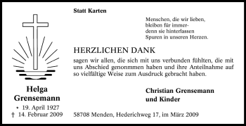 Traueranzeige von Helga Grensemann von Tageszeitung