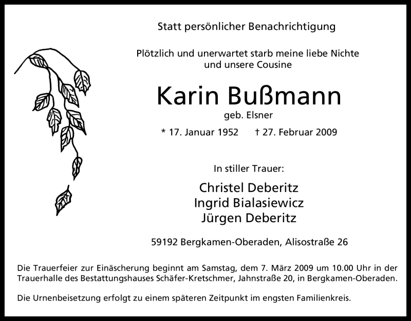  Traueranzeige für Karin Bußmann vom 05.03.2009 aus Tageszeitung