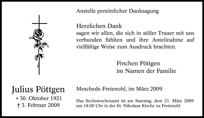  Traueranzeige für Julius Pöttgen vom 14.03.2009 aus Tageszeitung