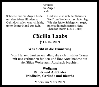 Traueranzeige von Cäcilia Laabs von Tageszeitung