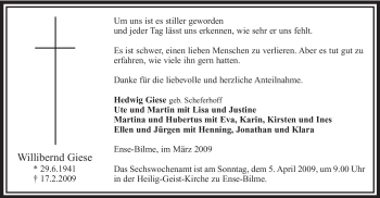 Traueranzeige von Willibernd Giese von Tageszeitung