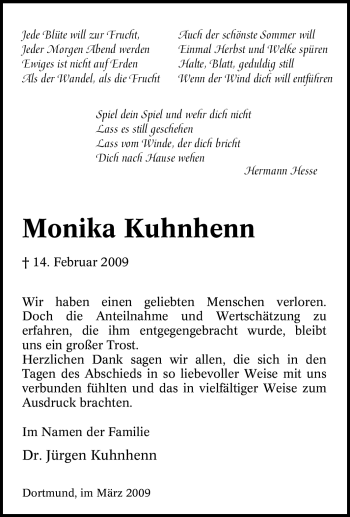 Traueranzeige von Monika Kuhnhenn von Tageszeitung