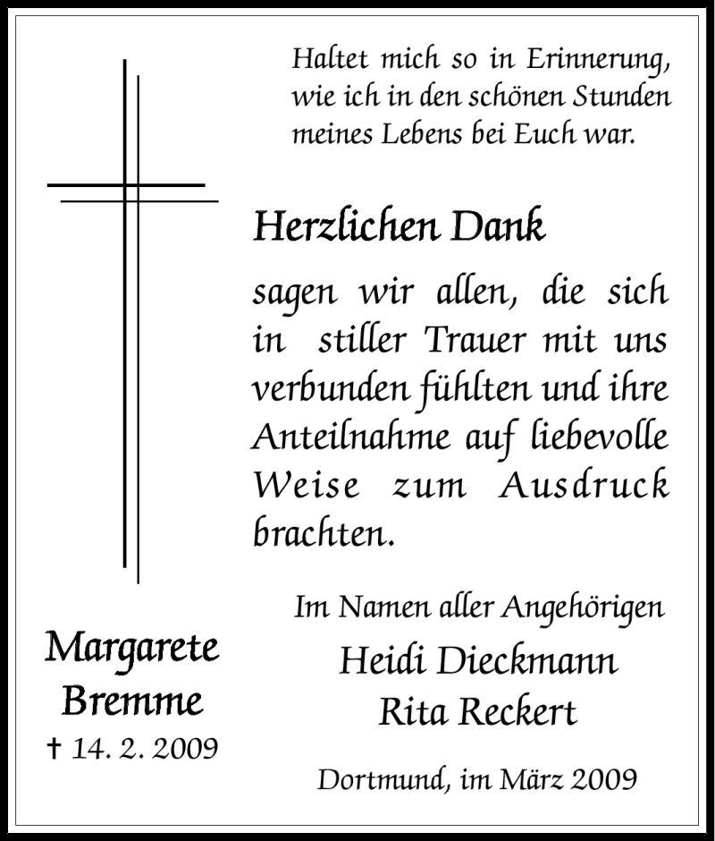  Traueranzeige für Margarete Bremme vom 25.03.2009 aus Tageszeitung