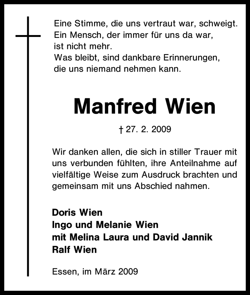  Traueranzeige für Manfred Wien vom 21.03.2009 aus Tageszeitung