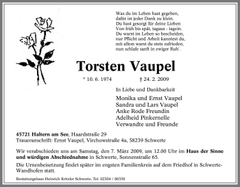 Traueranzeige von Torsten Vaupel von Tageszeitung