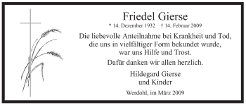 Traueranzeige von Friedel Gierse von Tageszeitung