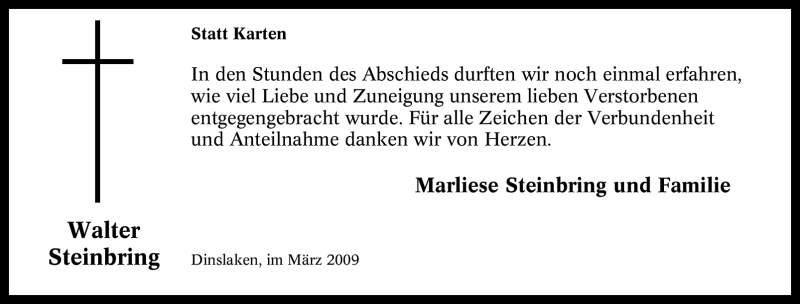  Traueranzeige für Walter Steinbring vom 14.03.2009 aus Tageszeitung