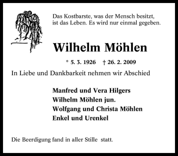Traueranzeige von Wilhelm Möhlen von Tageszeitung