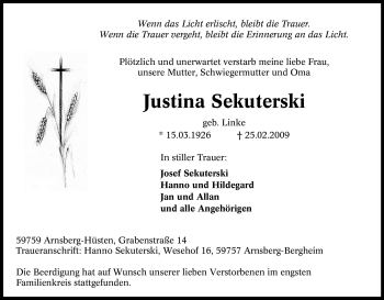 Traueranzeige von Justina Sekuterski von Tageszeitung