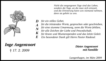 Traueranzeige von Inge Angenvoort von Tageszeitung